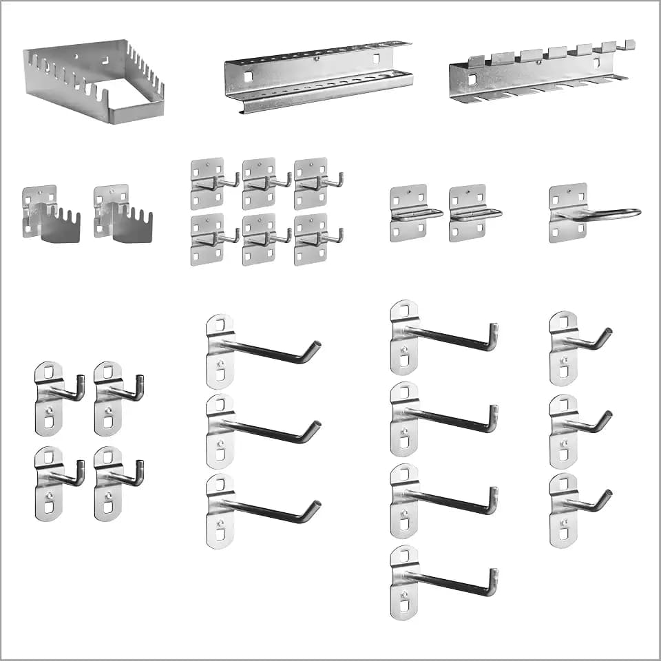 Güde Werkzeughalter Sortiment 28-tlg. (senkrechte und schräge Halter passend für Güde-Lochplatten und Systeme mit einer quadratischen Lochung von 8x8-10x10 mm und einem Lochmitte-Abstand von 38 mm)