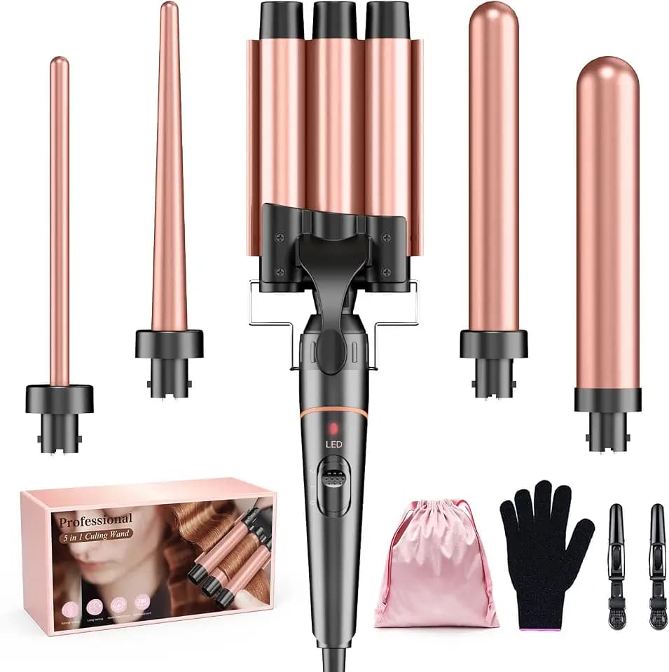 Lockenstäbe 3 Fässer für Große-BESTOPE PRO Lockenstab set 5 in 1 Locken mit einstellbarer Temperatur Keramik Lockenwickler mit Verschiedenen Aufsätzen Schnelle Heizung, Handschuh, 2 Clips