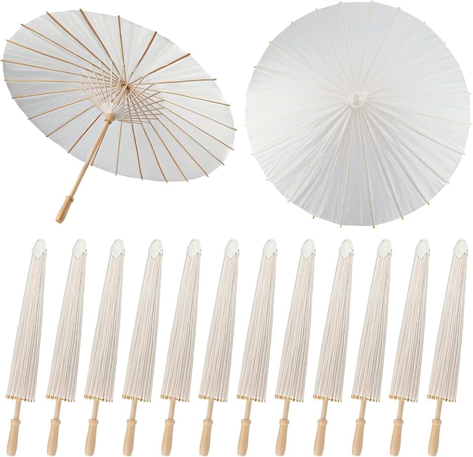 SAYAYA 12 Pieces 33 Inches Large White Paper Umbrellas Parasol Decorative Chinese Japanese Parasol Rainproof Oiled Paper DIY Painting Umbrellas for Wedding Bridal Showers Party Decor (12 PCS)