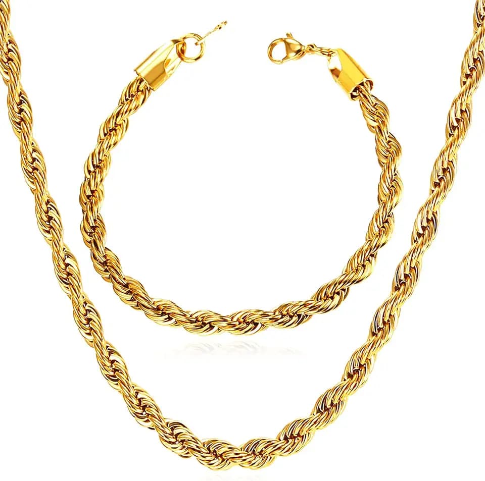 U7 Rope Chain, Figaro Chain, Men Stainless Steel Necklace Bracelet Set