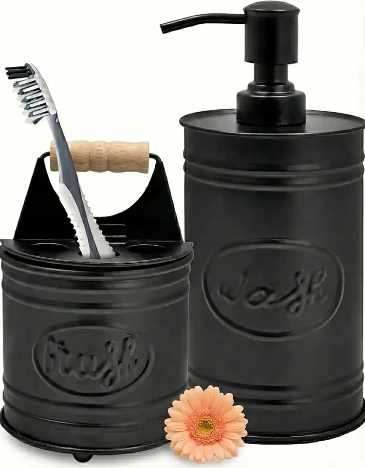 Autumn Alley Rustic Bathroom Accessories Set - Farmhouse Soap Dispenser and Toothbrush Holder Set - Western Bathroom Accessories, Farmhouse Decor for Bathroom Countertop, Galvanized Black