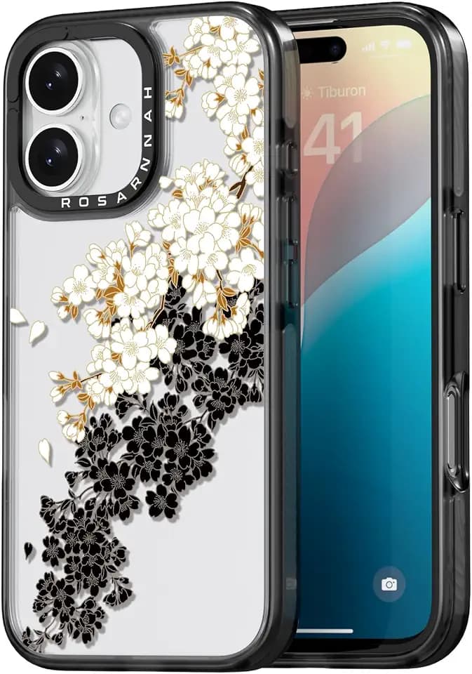 Rosarnnah for iPhone 16 Case Aesthetic Black, Plum Blossom