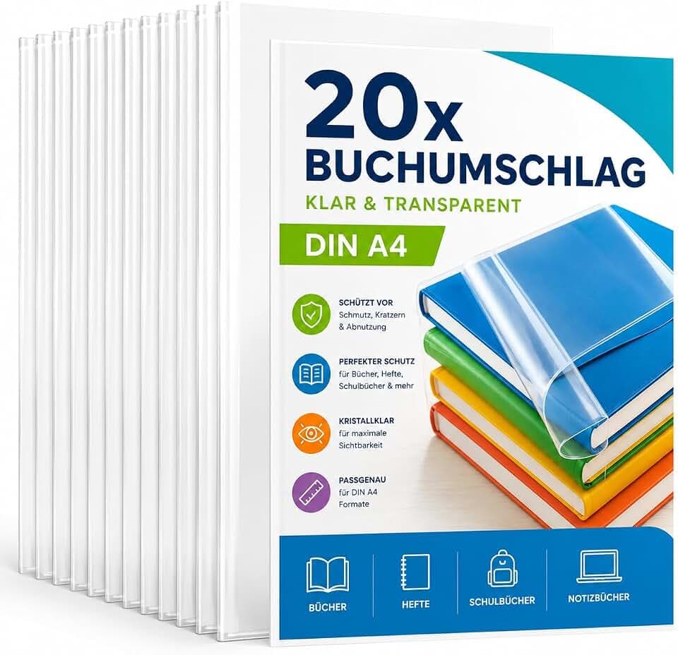 20x Buchumschlag klar & transparent Umschlag & Hefthülle Buchschoner - DIN A4 – ideal für den Schutz von Büchern, Heften, Schulbüchern und Notizbüchern