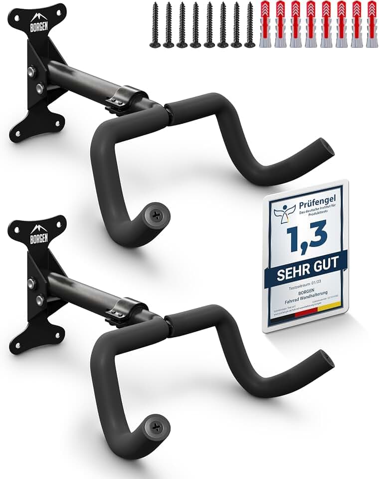 Borgen Fahrrad Wandhalterung klappbar, schwarz, 2er Set, bis 20 kg | Winkel und Wandabstand einstellbar, extra softe Polsterung - Fahrradaufhängung für MTB, Rennrad und E-Bike geeignet.