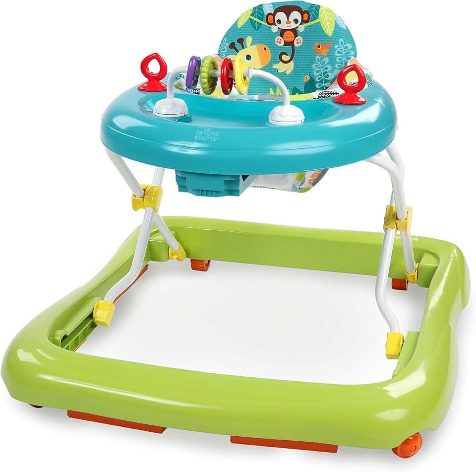 Bright Starts, Giggling Safari, Lauflernhilfe mit Spielzeuge, Perlenschiebespielzeug, 3 Höheneinstellungen, Lauflernwagen mit hoher Rückenlehne, zusammenklappbare, grün/blau, Kinder ab 6 Monaten
