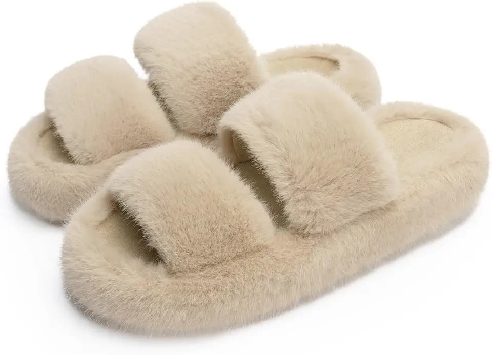 Chantomoo Women's Slippers Memory Foam Slippers for Women Fuzzy Comfy Faux Fur House Furry Indoor Open Two Bands Gift Slippers