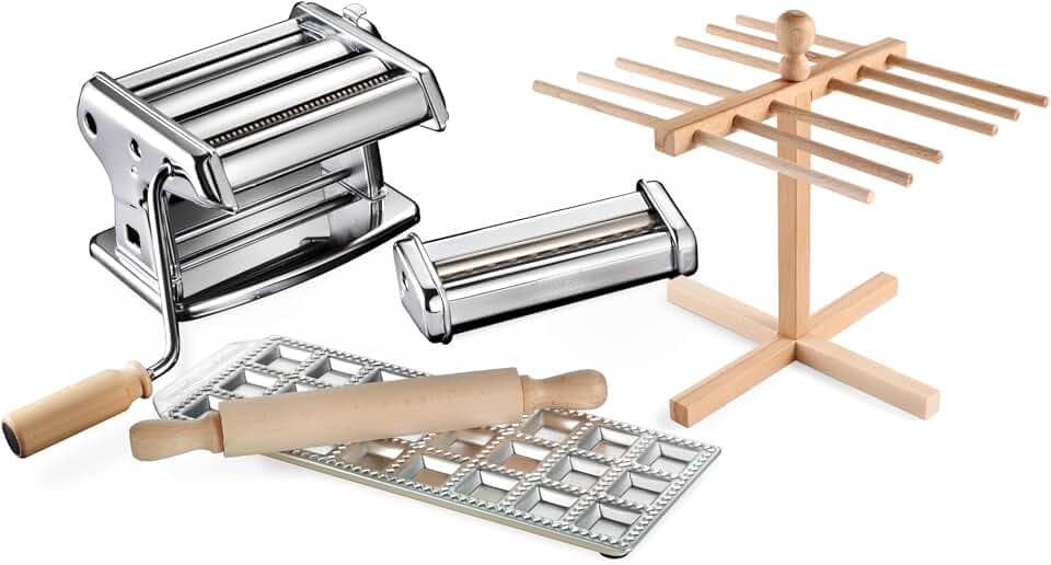 Imperia La Tua Pasta Titania. Nudelmaschinen-Geschenkset mit Zubehör. 100% Made in Italy. Set bestehend aus frischer Nudelmaschine, Ravioliform, Nudelschneider, Nudelverteiler und Nudelholz.