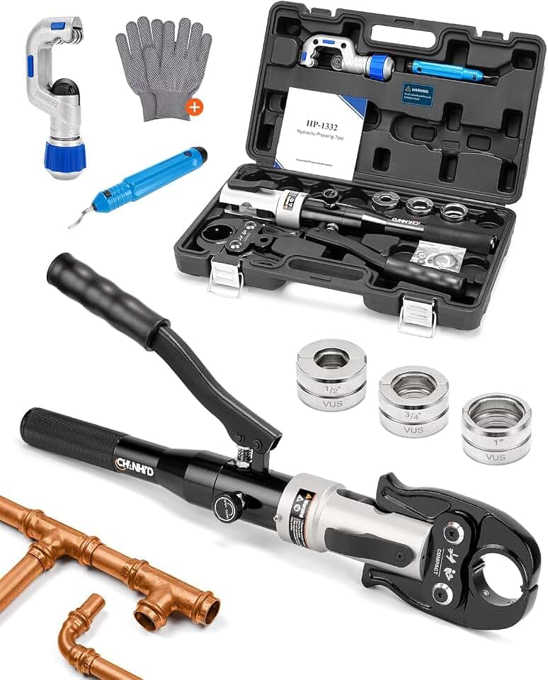 Hydraulic Copper pipe Crimping tool with 1/2 inch,3/4 inch and 1 inch Jaw Copper Pipe Propress Crimpers Pressing Pliers,Copper Tube Fittings pipe Crimpers (Black, HP-1332VUS)