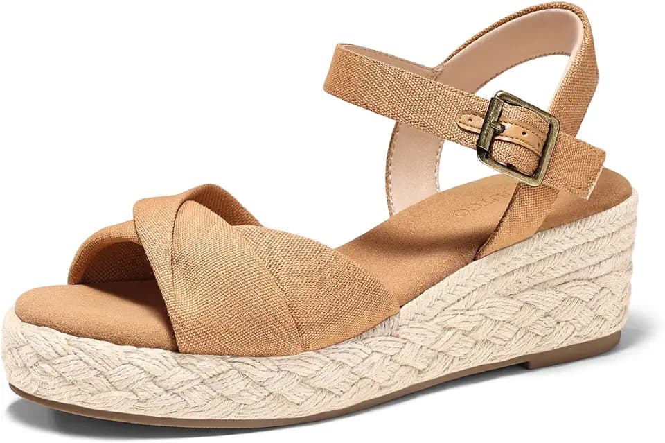 Coutgo Womens Platform Wedge Heels Sandals Espadrilles Open Toe Ankle Strap Twist Canvas Summer Beach Shoes