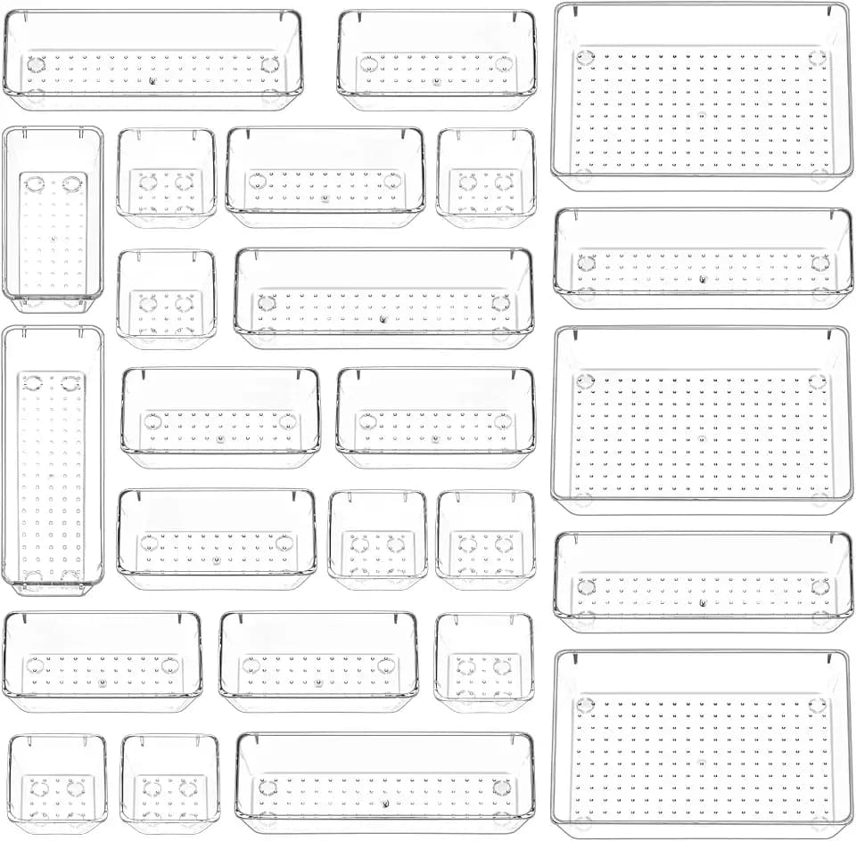 Puricon 25 Stück Klar Schubladen Ordnungssystem, 4 Größen Kunststoff Aufbewahrungsboxen, Schubladen Organizer, Plastik Make-Up Organizer für Bad Kosmetik Schminktisch Küche Büro Stiftablagen-klar