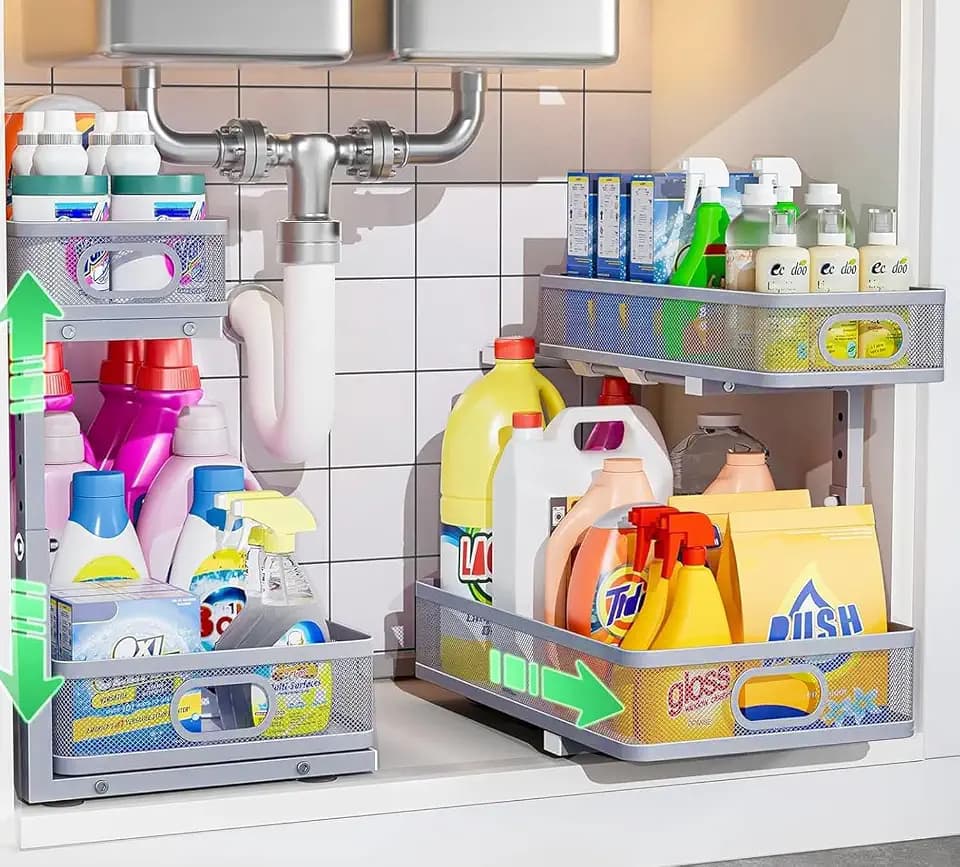 Under Sink Organizer 2 Pack, High Adjustable 2 Tier Under Sink Organizers and Storage, Slide out Metal Cabinet Organizers, Pull out Storage Drawer Shelf for Kitchen Bathroom Cabinet (Gray)
