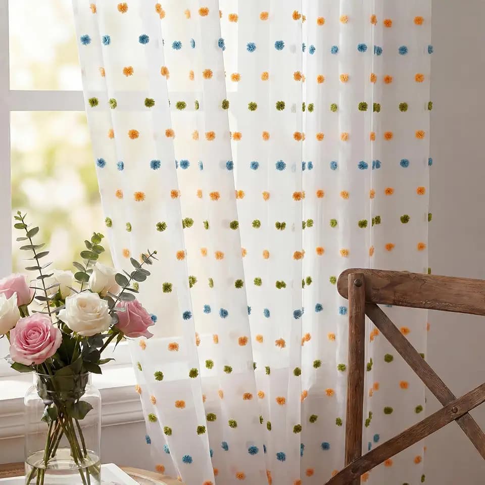 Horaldaily 2Pcs White Sheer Curtains 52x96in, Yellow Blue Pom Pom, Boho