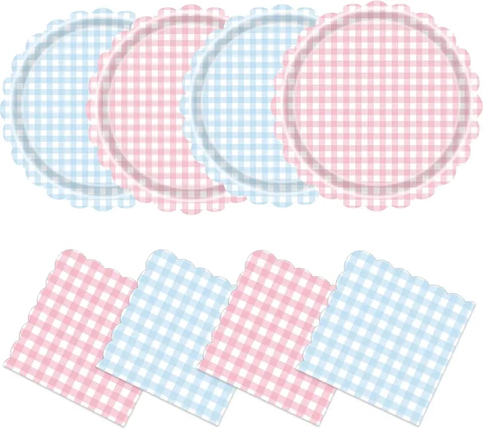 50PCS Gingham Scalloped Paper Plates and Napkins Set, Pink & Blue Plaid 9 Inch Party Plates and 5x5 Napkins for Baby Shower, Birthday, Picnic, Tea Party, Bridal Shower Decorations