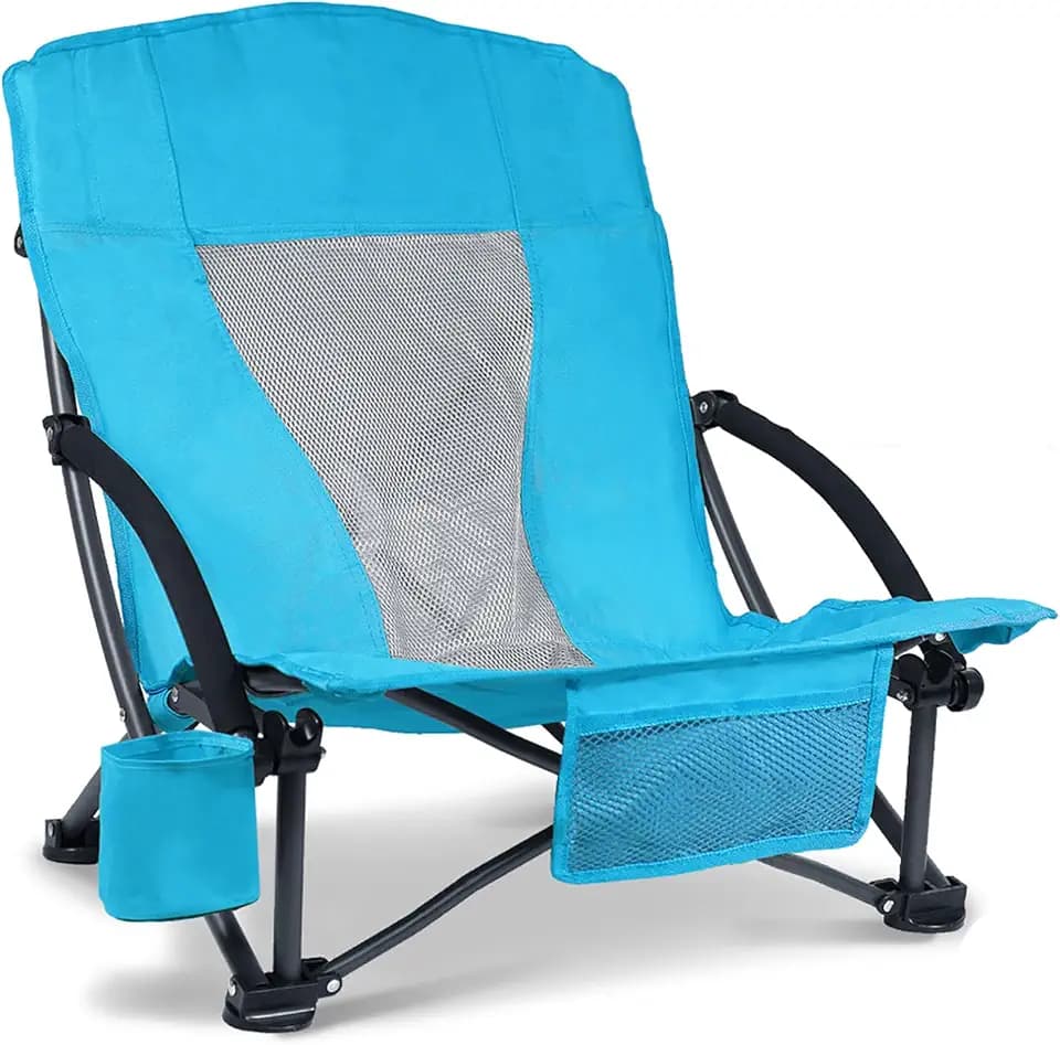 Portable Folding Beach Chair with Cooler Bag for Adults - Lightweight Low Back Sling Chair with Cup Holder & Storage Pocket, 300lbs Capacity Camping Chair for Outdoor Lawn (Blue)