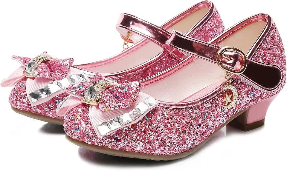Girls Dress Shoes Mary Jane Wedding Party Heel Glitter Bow Princess Flower Shoes for Kid Toddler