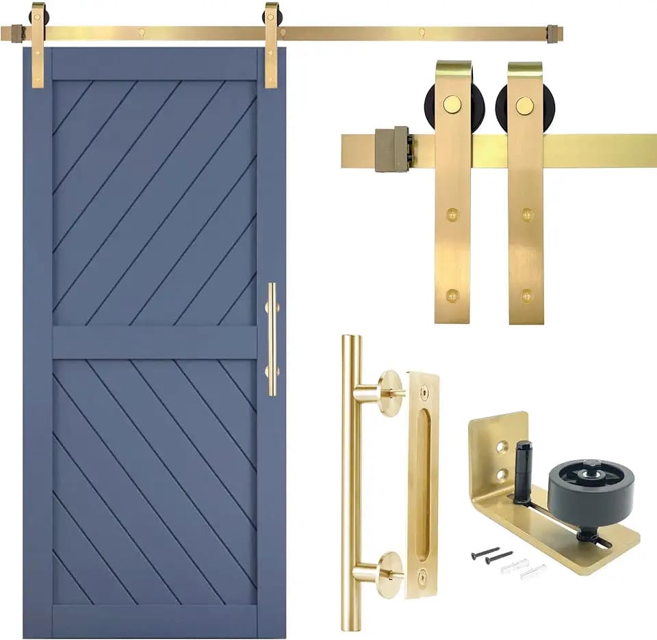 Rio Salto Gold Barn Door Hardware Kit 84" Adjustable Length 7FT Sliding Hardware Modern Barn Interior Gold Brushed Brass Panel Hardware ONLY (Hardware Kit Plus, 7 Feet - Single Door)