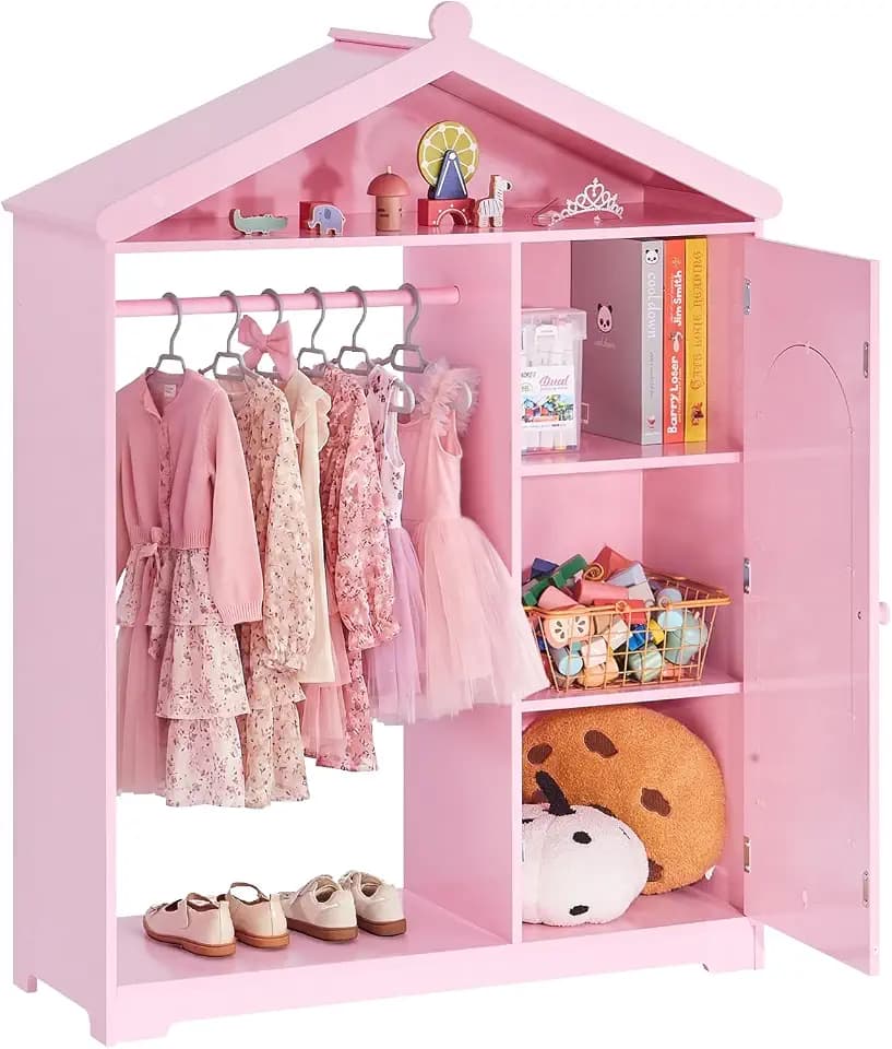 VEVOR Kids Dress Up Storage, with Mirror, Dress Up Closet, Kids Armoire Wardrobe Closet for Little Girls, Toddler Costume Organizer, Pretend Princess Storage Dresser, for Bedroom, Girls Room, Pink