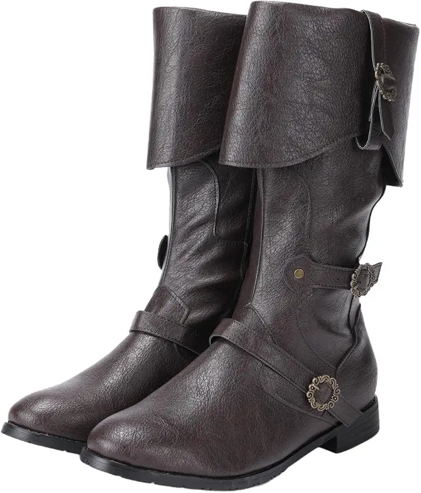 Men’s Medieval Pirate Boots, Viking Renaissance Costume Footwear, Gothic Steampunk Cosplay Shoes, Retro Brown Tall Boots for Halloween Party Festival