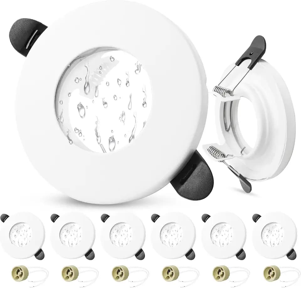 6er Set GU10 Einbaurahmen IP65 Wasserdicht, Einbaustrahler Metallgehäuse Rund Weiß, Feuchtraum Einbauleuchten 55–70mm Lochmass, Bad Küche Deckenspot inkl. GU10 Fassung, Ohne Leuchtmittel