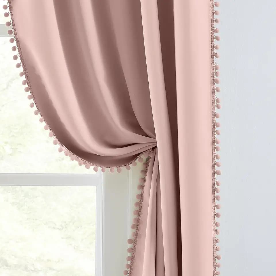 Melodieux Pink Pom Pom Blackout Curtains for Living Room, Bedroom Cute Nursery Curtains Boho Blackout 2 Panels, Elegant Cotton Textured Thermal Insulated Drapes for Kids Girls Room, 52" W x 96" L
