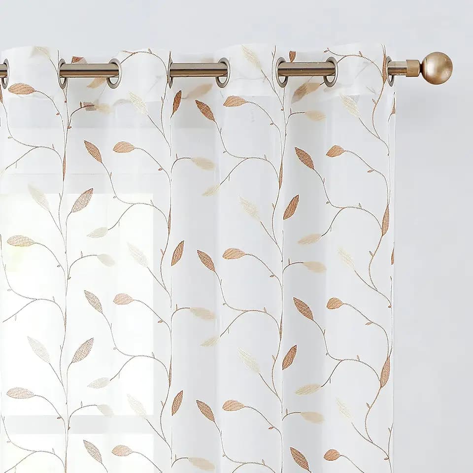 Lazzzy Embroidered Sheer Curtains Floral Leaves Decor Voile Curtain for Living Room Bedroom Farmhouse White Sheer Drapes 84 Inches Light Diffusing Window Treatment Panels Gold on White