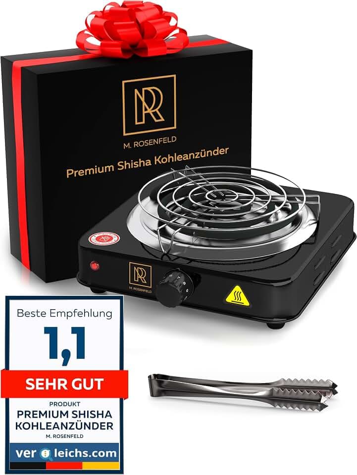 M. ROSENFELD Shisha Kohleanzünder für Shisha Kohle - Elektrischer Kohleanzünder BLACK HEAT 1000W + Shisha Zubehör Set Edelstahl Kohle Gitter & Shisha Zange Kohlegrill Shisha 150cm Kabel (Schwarz)