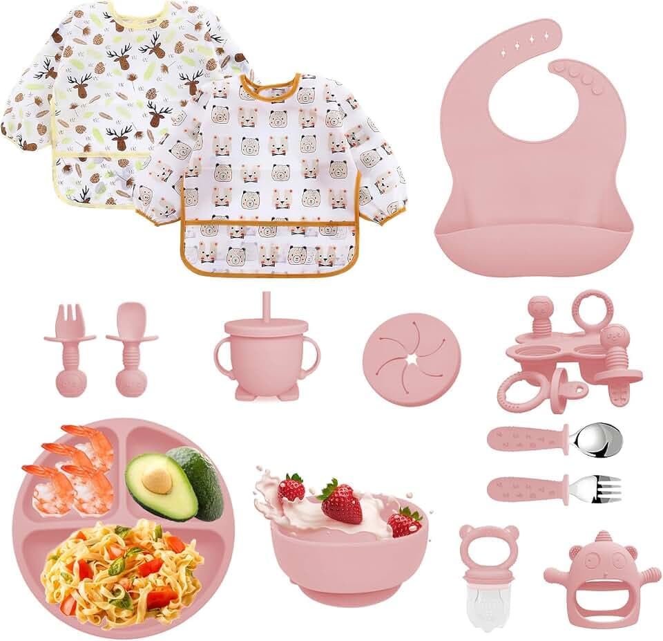Silikon Baby Geschirrset, 14-teilig Kindergeschirr, Baby Weaning Besteck Set, Rutschfest,Teller, Schüssel,Gabel,Fruchtsauger, Babybrei Einfrieren Behälter, Beißring Baby, BPA Frei (Hellrosa)