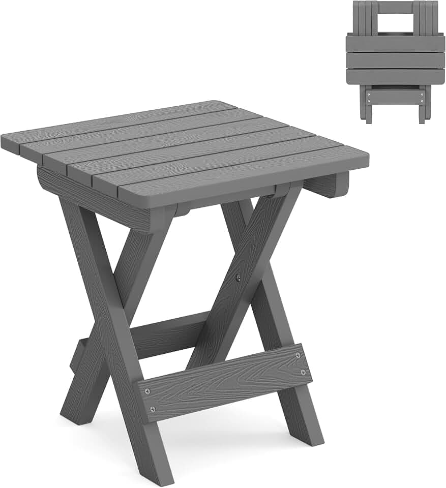 LUE BONA Small Outdoor Folding Side Table HDPS 14 Inch Height, Netural Grey