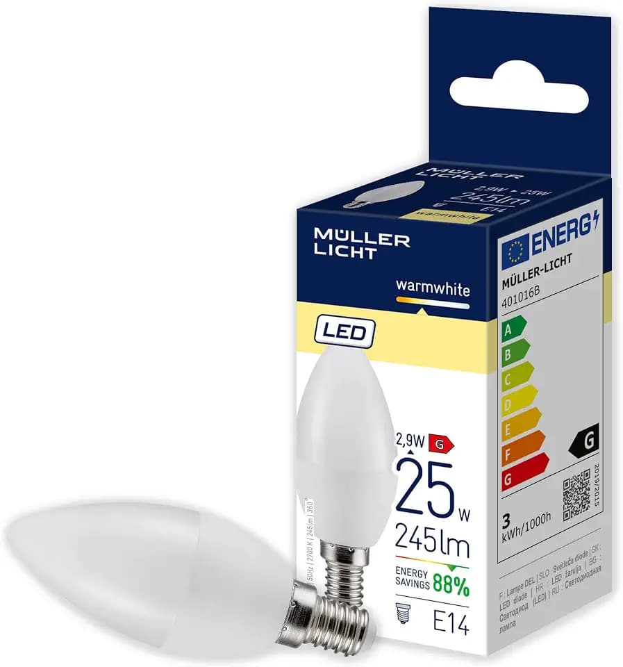 Müller-Licht Essentials LED Lampe Kerzenform E14, warmweißes Licht (2700K) für ein gemütliches Ambiente, 3W ersetzt 25W, nicht dimmbar, 25000h Lebensdauer, Klar