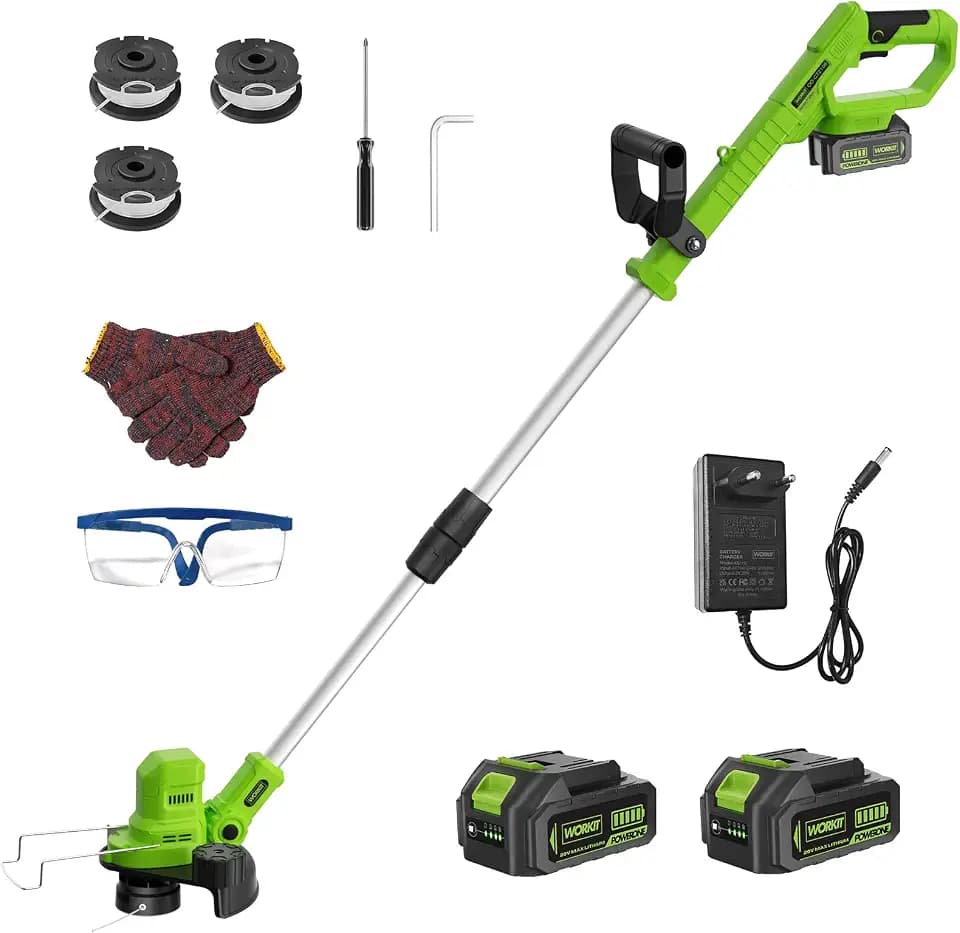 WORKIT 20V Akku Rasentrimmer mit Akku und Ladegerät, 2-in-1 Freischneider Akku, Bürstenloser Motor, inkl. 2x 4,0 Ah Akkus, Teleskopstiel für Unkrautentfernung, Gartenpflege Set