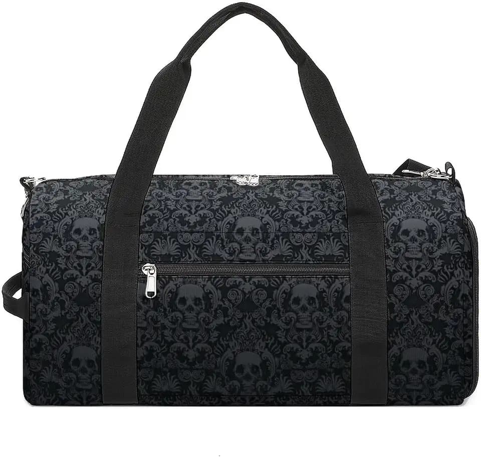 Victorian Gothic Black Skull Sport Gym Duffle Travel Bag with Shoe Compartment,Wet Pocket for Men And Women