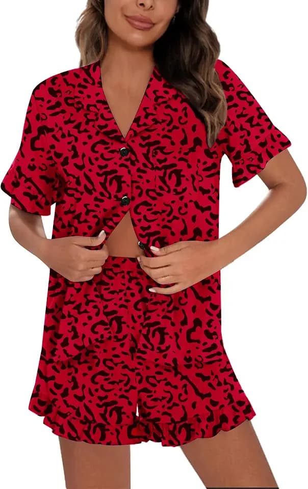 SWOMOG Woman Pajama Set Short Sleeve Pjs Set 2Pcs Short Pajamas Button Down Ruffle Hem Sleepwear Soft Modal Loungewear