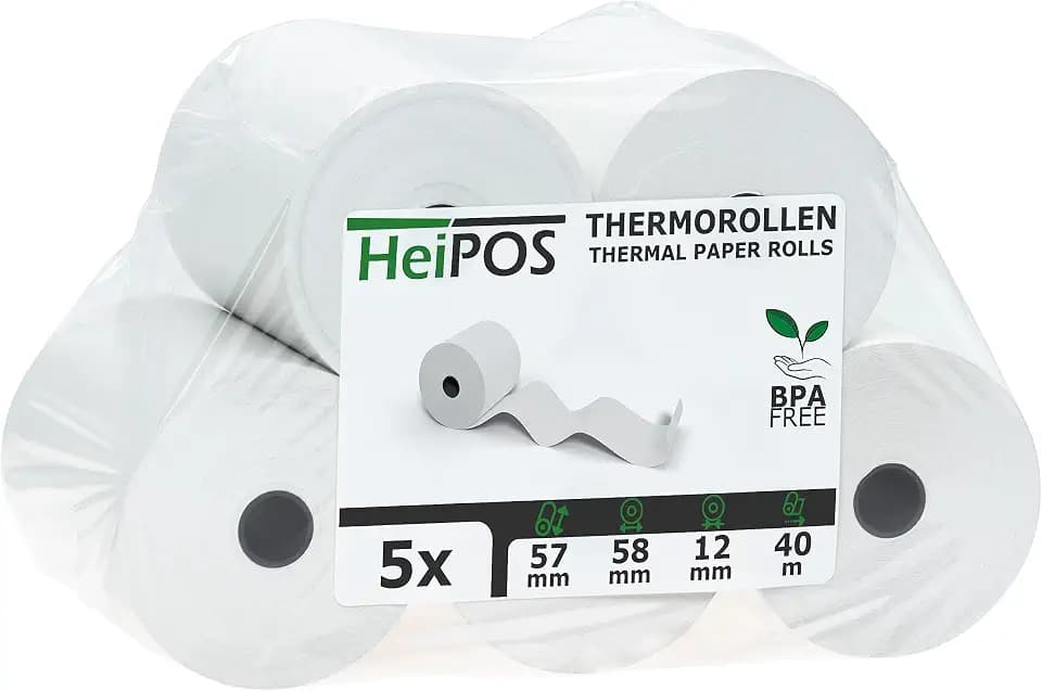 HeiPOS 5x Thermorollen 57mm x 40m x 12mm (Ø 58mm) - Kassenrollen für Casio, Sharp, Olympia & Registrierkassen - NICHT für EC-Kartenleser - BPA-frei