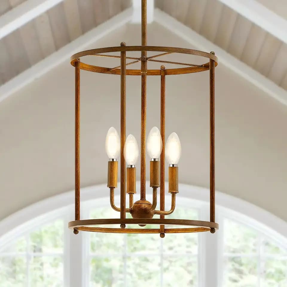 4-Light Wood Grain Lantern Chandelier, Adjustable Farmhouse Ceiling Light