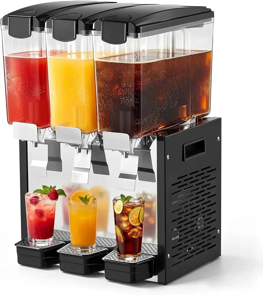 VEVOR Commercial Beverage Dispenser 3 Tanks 10 L / 10.6 QT Per Tank, Stainless Steel Juice Dispenser, Ice Tea Drink Machine with 45℉ to 54℉ Cooling Temperature, for Cold Drink Restaurant Bar Party