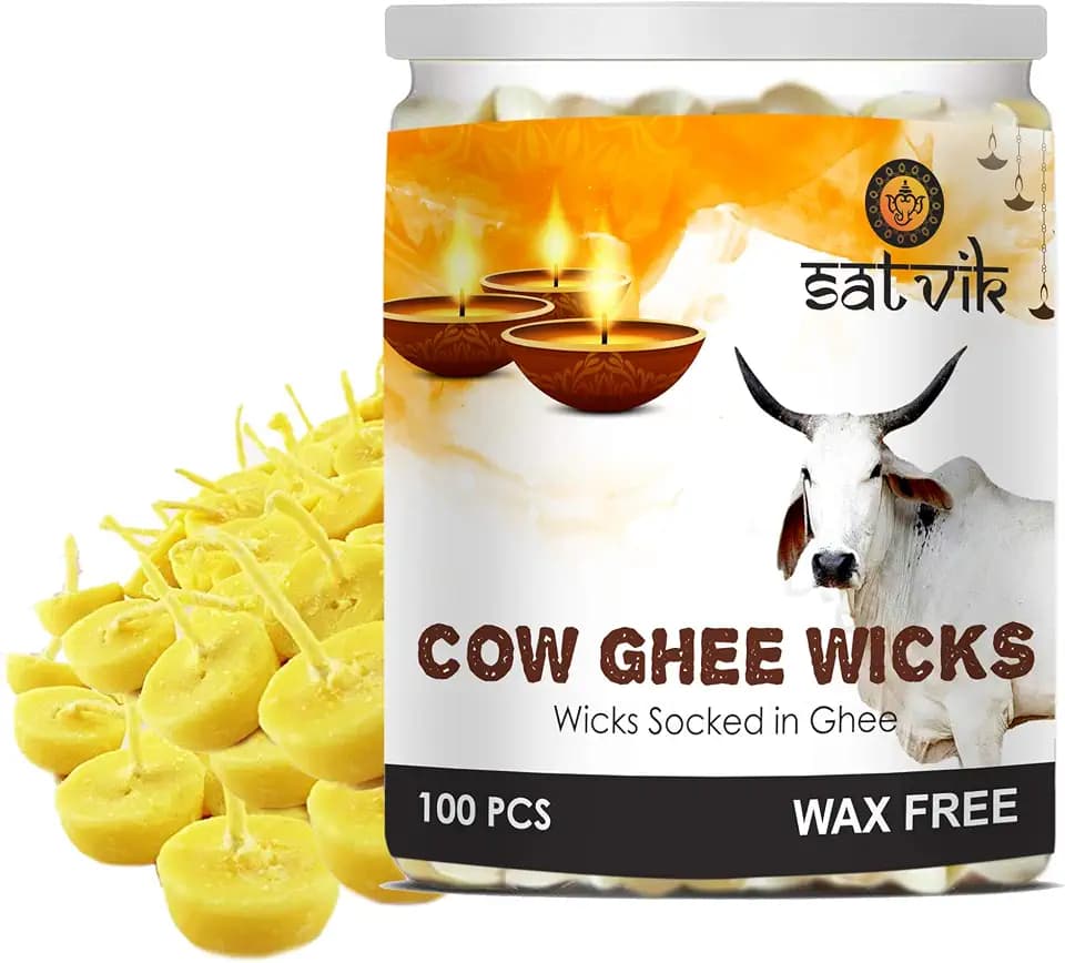 SATVIK Pack of 100 Pure Cow Ghee Wicks for Puja | Ready-to-Use Diya Batti | 30-Min Burn Time | Wax-Free Cotton Wicks | Ideal for Pooja, Meditation, Diwali, and Housewarming Gifts