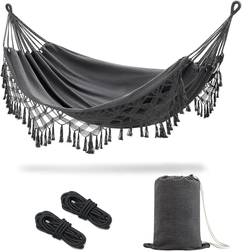 JoyView Boho Macrame Double Hammock with Hanging Ropes & Elegant Tassels 86.6x59 Portable Cotton Hammock for Patio Backyard Porch 450LBS Weight Capacity Perfect for Outdoor/Indoor - Dark Grey