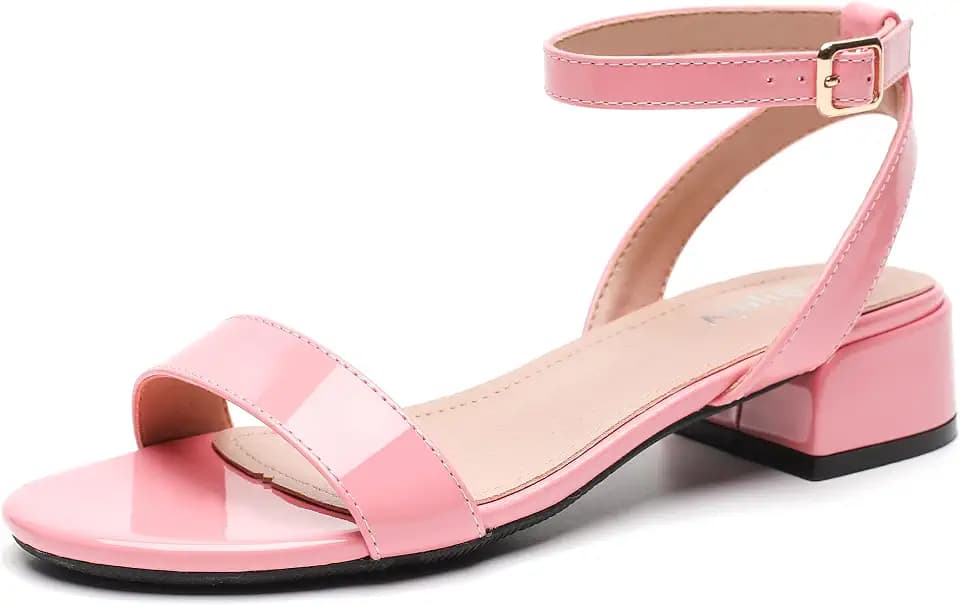 Women's Ankle Strap Sandals, Low Block Heel, Open Toe Summer Dress Shoes with Buckle Closure