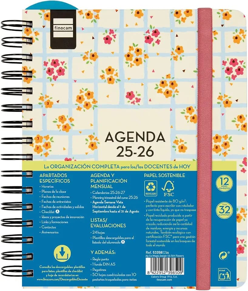 Finocam Lehrerkalender für Lehrer, Design Kurs 2025/2026, Woche, horizontaler Ansicht, September 2025 - August 2026 (12 Monate), Blumen, Spanisch