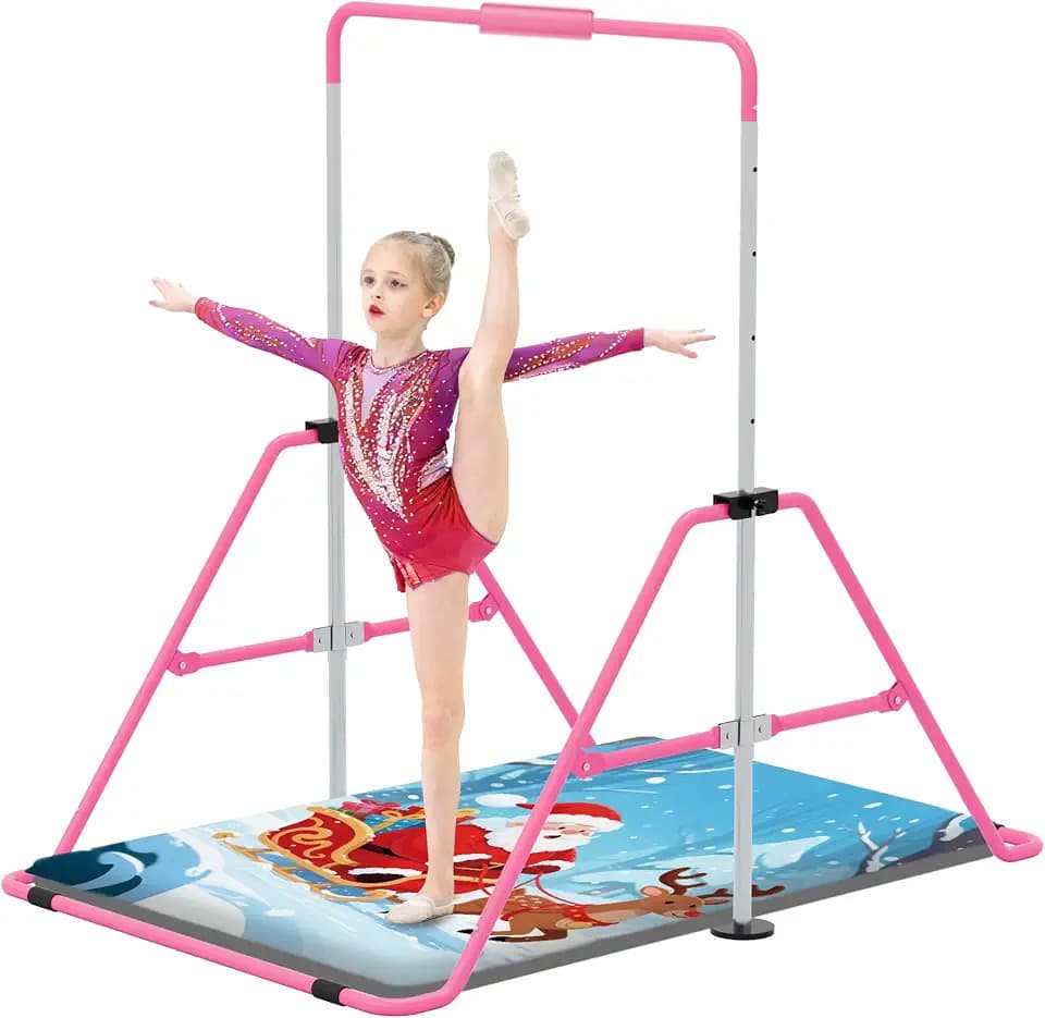 Gymnastics Bar with Self-Inflating Mat for Kids, Adjustable Height Gymnastic Horizontal Bars with Mat, Folding Gymnastic Training Monkey Bars, Junior Expandable Training Kip Bar for Home
