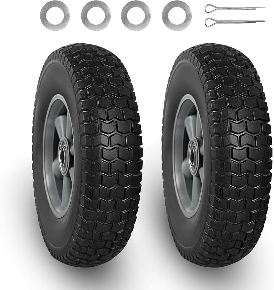 BIG RED Solid Rubber Tires and Wheels: 10" x 2.5" Flat Free Tubeless Wheels with 5/8" Axle Bore Hole, 2.1" Offset Hub - for Truck, Utility Cart, Wheelbarrow, Dolly