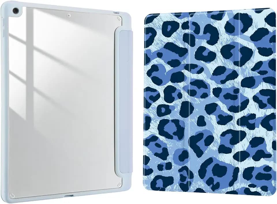 Joyland Blue Leopard Print for iPad 7th/8th/9th Generation Case (2019/2020/2021) 10.2 inch,Built-in Pencil Holder with Shockproof Cover Transparent Back Shell Auto Wake/Sleep,Black