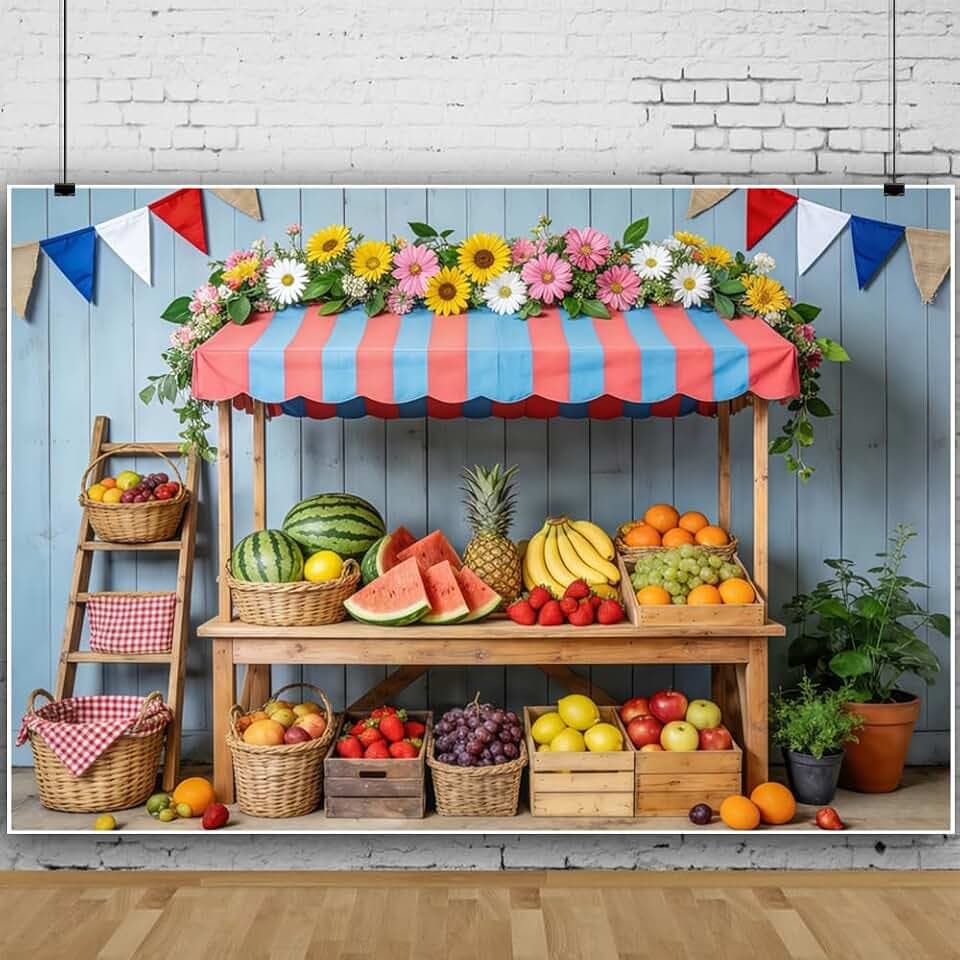 Leowefowa Summer Fruit Market Backdrop 10x8ft Rustic Blue Wooden Barn Door Farm Photography Background Strawberry Watermelon Pineapple Fruit Theme Farm Market Portrait Decor Photo Booth Props Vinyl