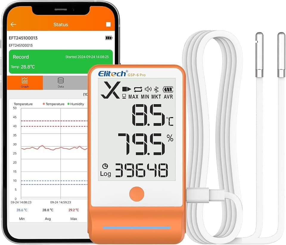 Elitech GSP-6 Pro-TE+THE Temperatur Datenlogger,Temperatur- und Luftfeuchtigkeits-Datenlogger, Große Speicherkapazität, Externer Sensor, Alarmfunktion, Kostenlose Datenexport-Software