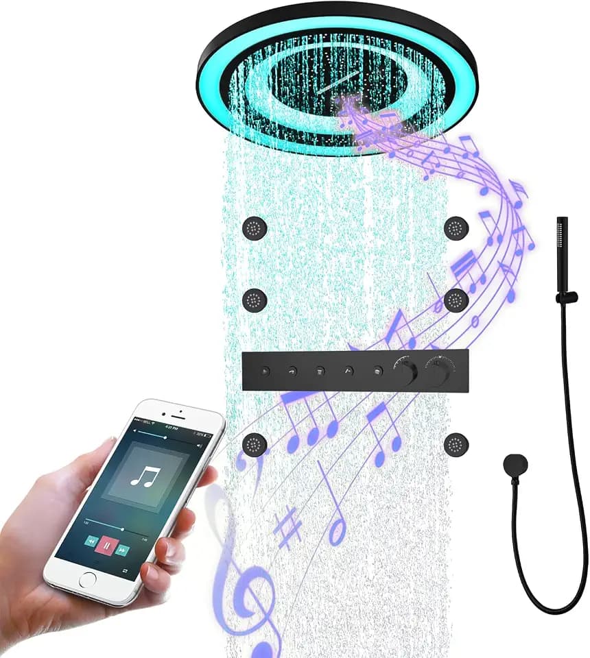 Musik Duschsystem mit Thermostat, 64 Farben LED Bluetooth Duschset Duscharmatur Set, 600mm 304 Edelstahl Runder Duschkopf, Handbrause, 6pcs Massage-Seiten-Spray, Deckenmontage（Schwarz）