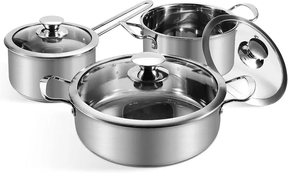 Edelstahl Kochtopfset, 6-teiliges Topfset mit Glasdeckeln und Kühlbleibender Griff, Topf für alle Herdarten & Backofenfest, Kochgeschirrset Unbeschichtet (Silber)