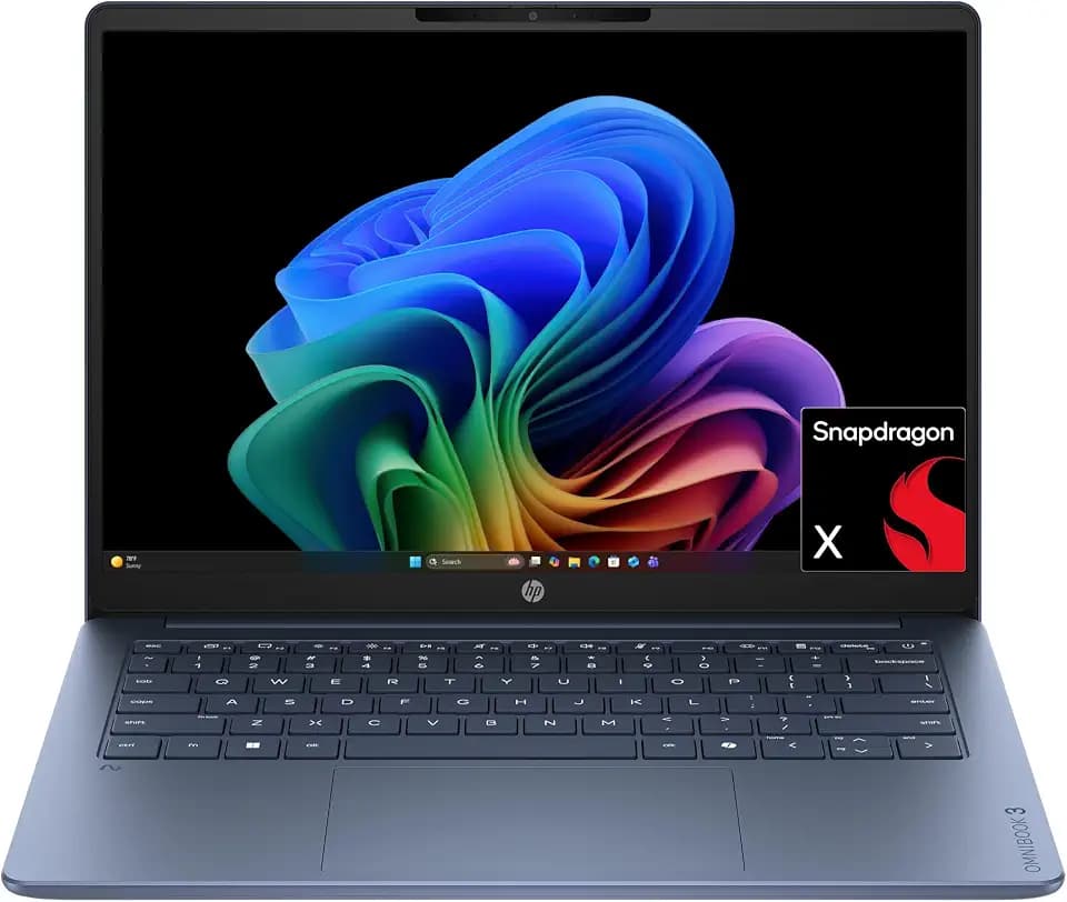 HP OmniBook 3 14 inch Next Gen AI PC, 2K Display, Snapdragon X X1-26-100, 16 GB RAM, 256 GB SSD, Qualcomm Adreno GPU, Windows 11 Home, Starlit Blue, 14-hz0588nr