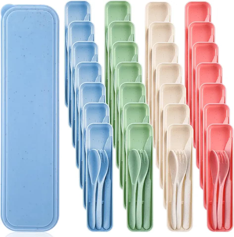Reusable Utensils Set with Case, 28 Sets Wheat Straw Lunch Utensil Set, Portable Spoon Fork Knife Cutlery for Travel Camping Picnic Office Bento Box, Eco-Friendly BPA Free Tableware