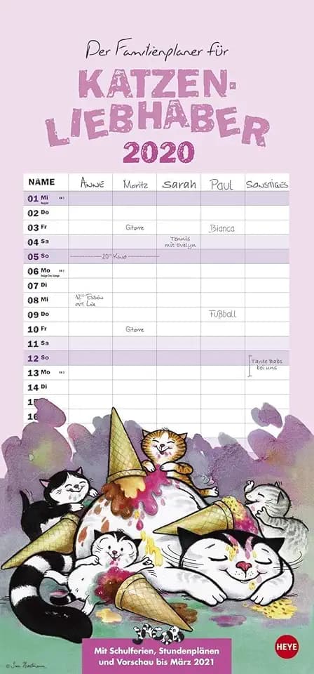 Jacob Familienplaner für Katzenliebhaber. Wandkalender 2020. Monatskalendarium. Spiralbindung. Format 21 x 45 cm