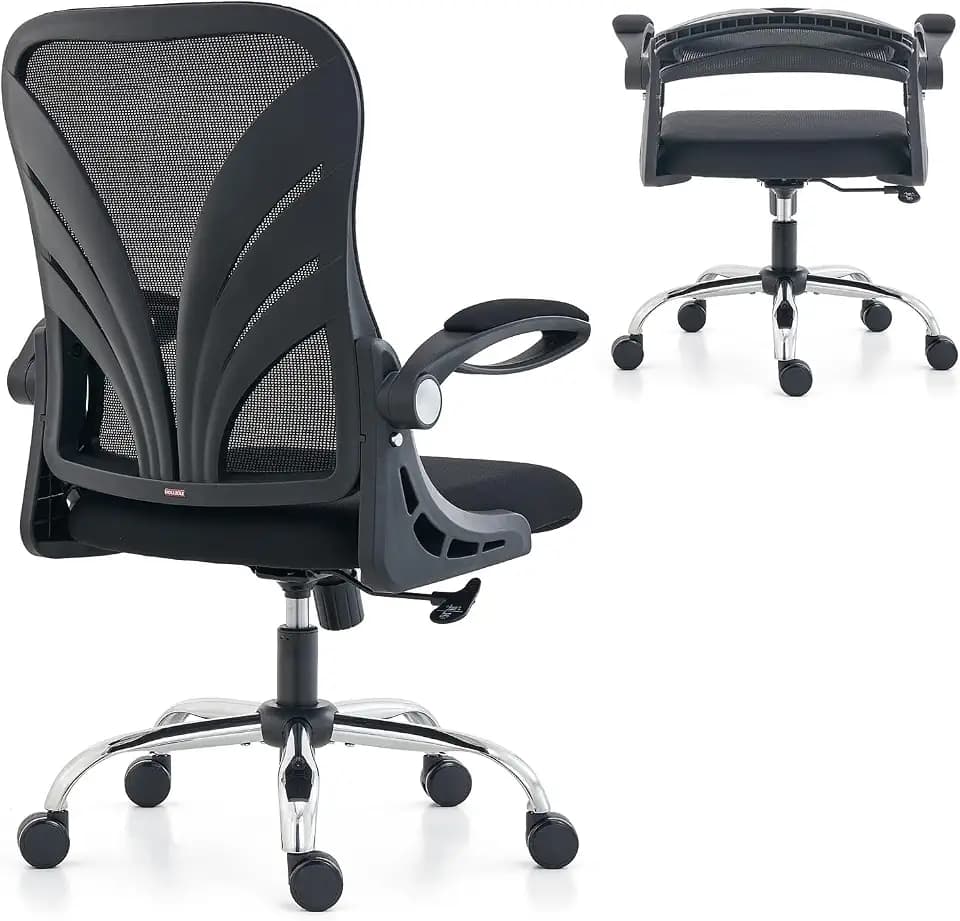 HOLLUDLE Ergonomischer Bürostuhl mit Klappbarer Rückenlehne, Schreibtischstuhl mit Erweitertem Sitz(52 cm), Hochklappbaren Armlehnen und Mesh Lendenwirbelstütze Drehstuhl Computerstuhl, Schwarz